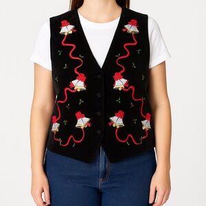 Karen Scott Black Velvet Christmas Vest Silver Bells Red Ribbon Accents Size L
